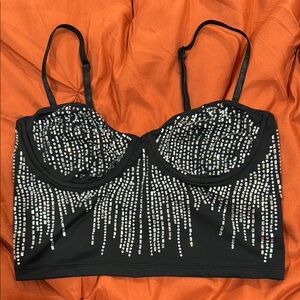 Black Rhinestone Embellished Crop Top